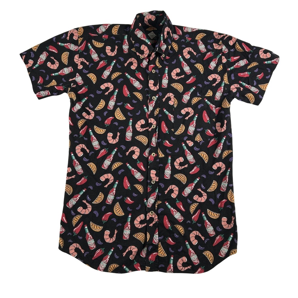 Vintage Tabasco Shirt Mens Large Button Up Hot Sauce‎ Shrimp Chili  Party Print